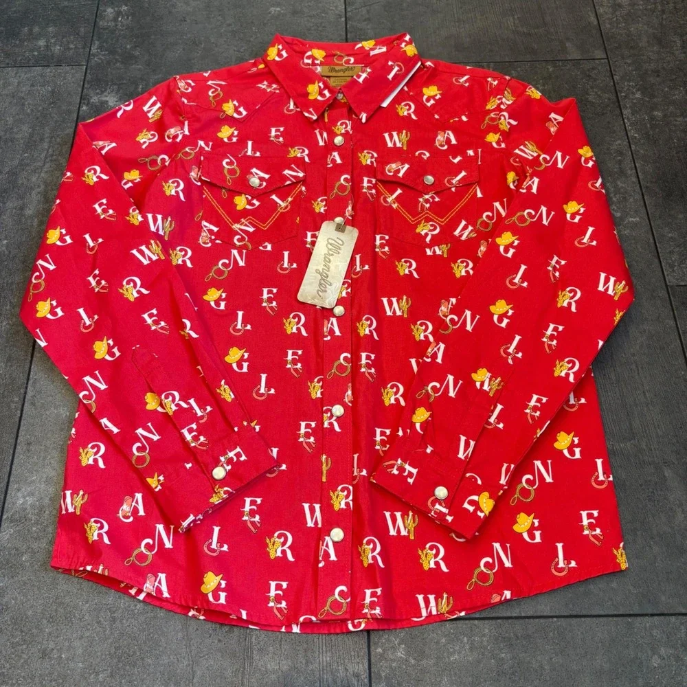 Wrangler Kids Red Western Snap Shirt Novelty Logo Print XL 112329194